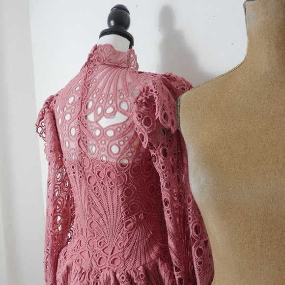 L'ATISTE Dusty Rose Pink Lace Eyelet Ruffle MockNeck Victorian French Boho Dress - Picture 14 of 16